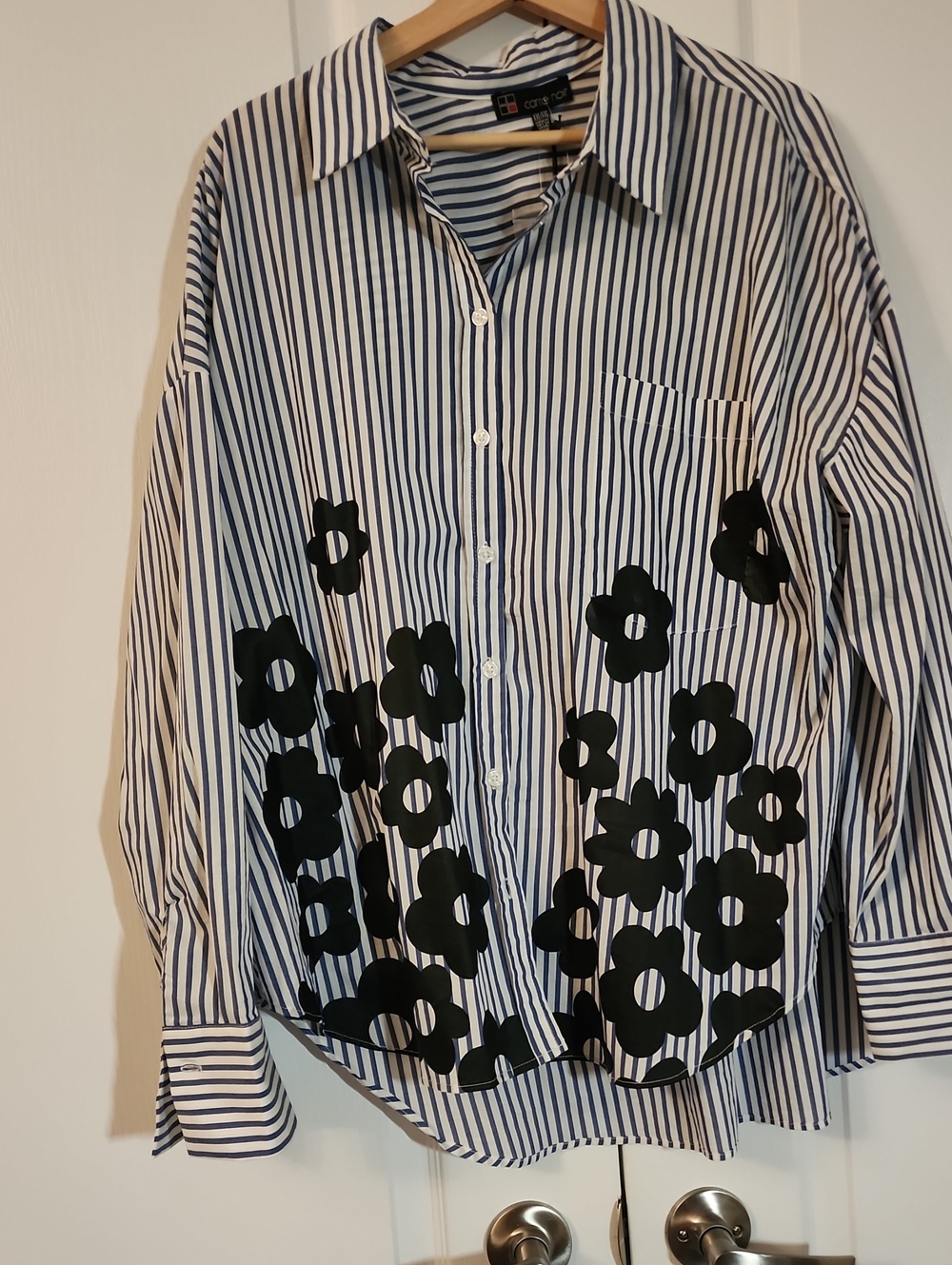 Striped Blue & White Button-Down Shirt with Black Floral Print-very flattering